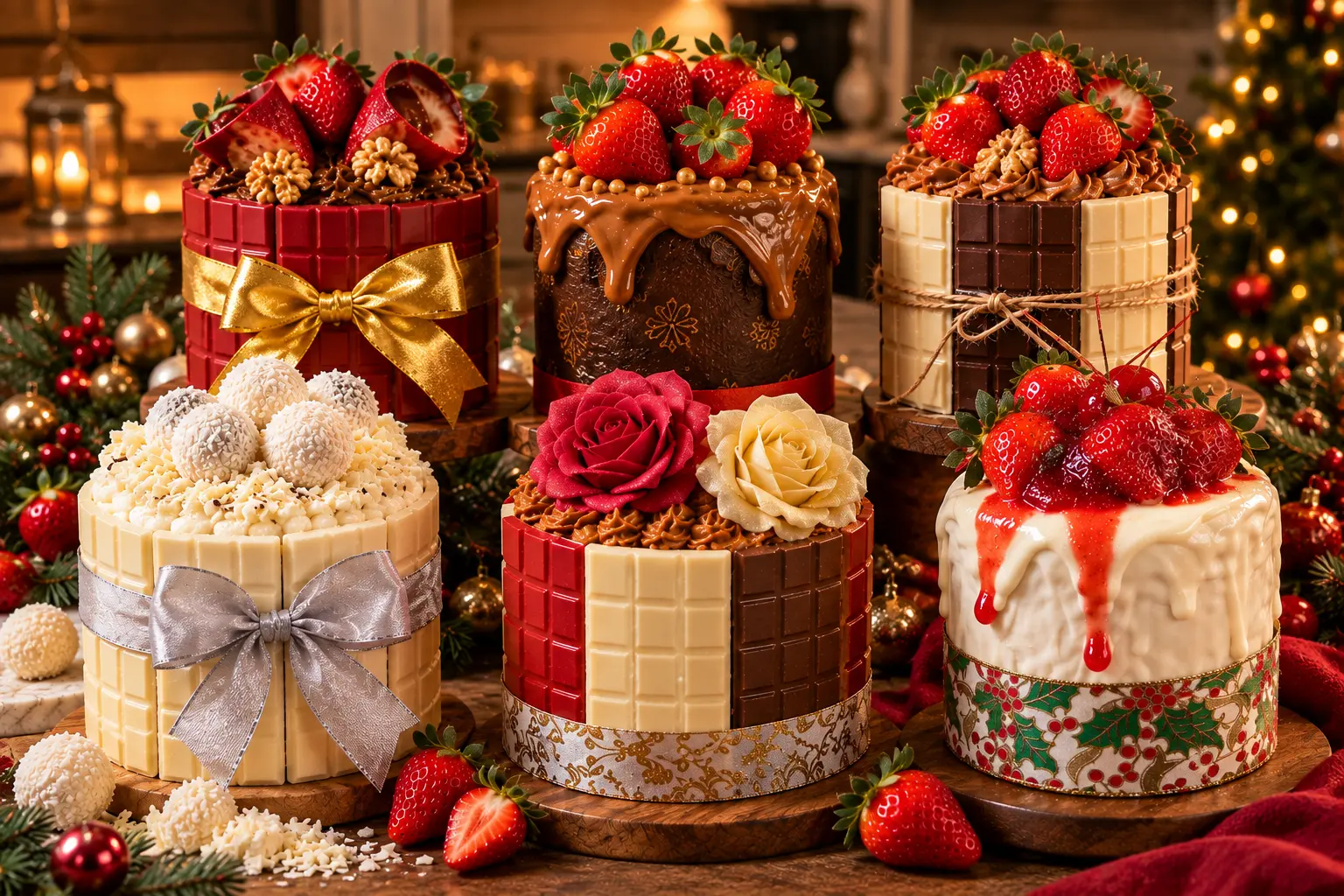 Seis bolos de Natal decorados com barras de chocolate, morangos, brigadeiros, rosas de chocolate e calda de frutas vermelhas