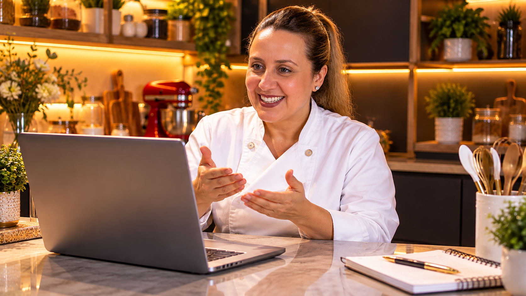 Carol Nunes ensinando ao vivo pela webcam em sua cozinha