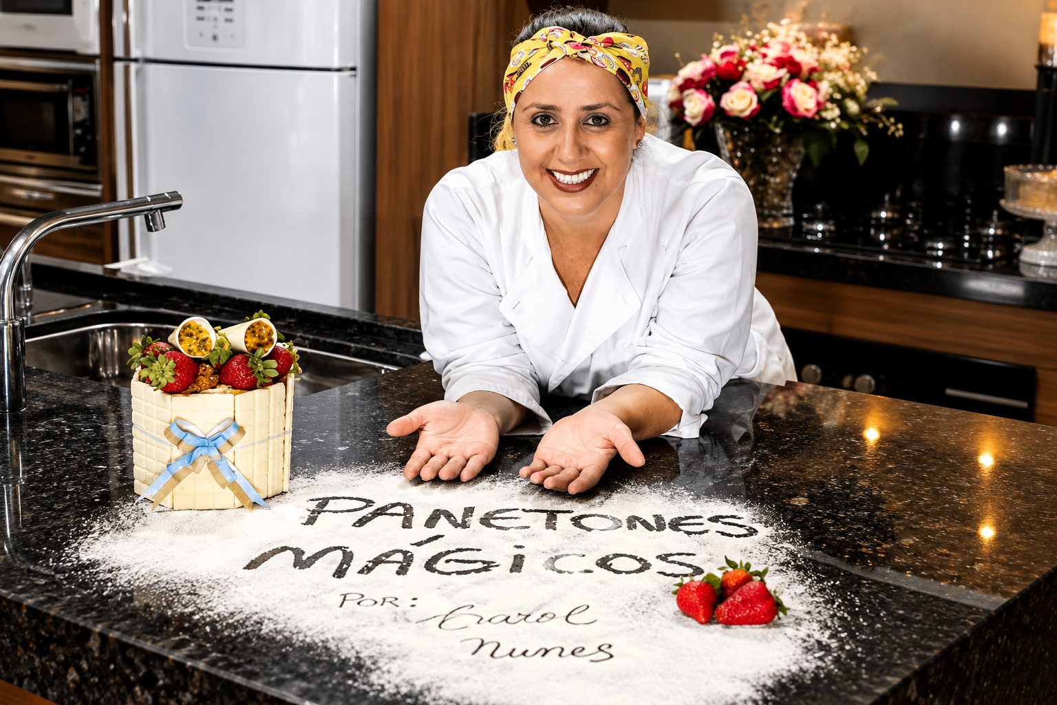 Carol Nunes na cozinha apresentando Panetones Mágicos