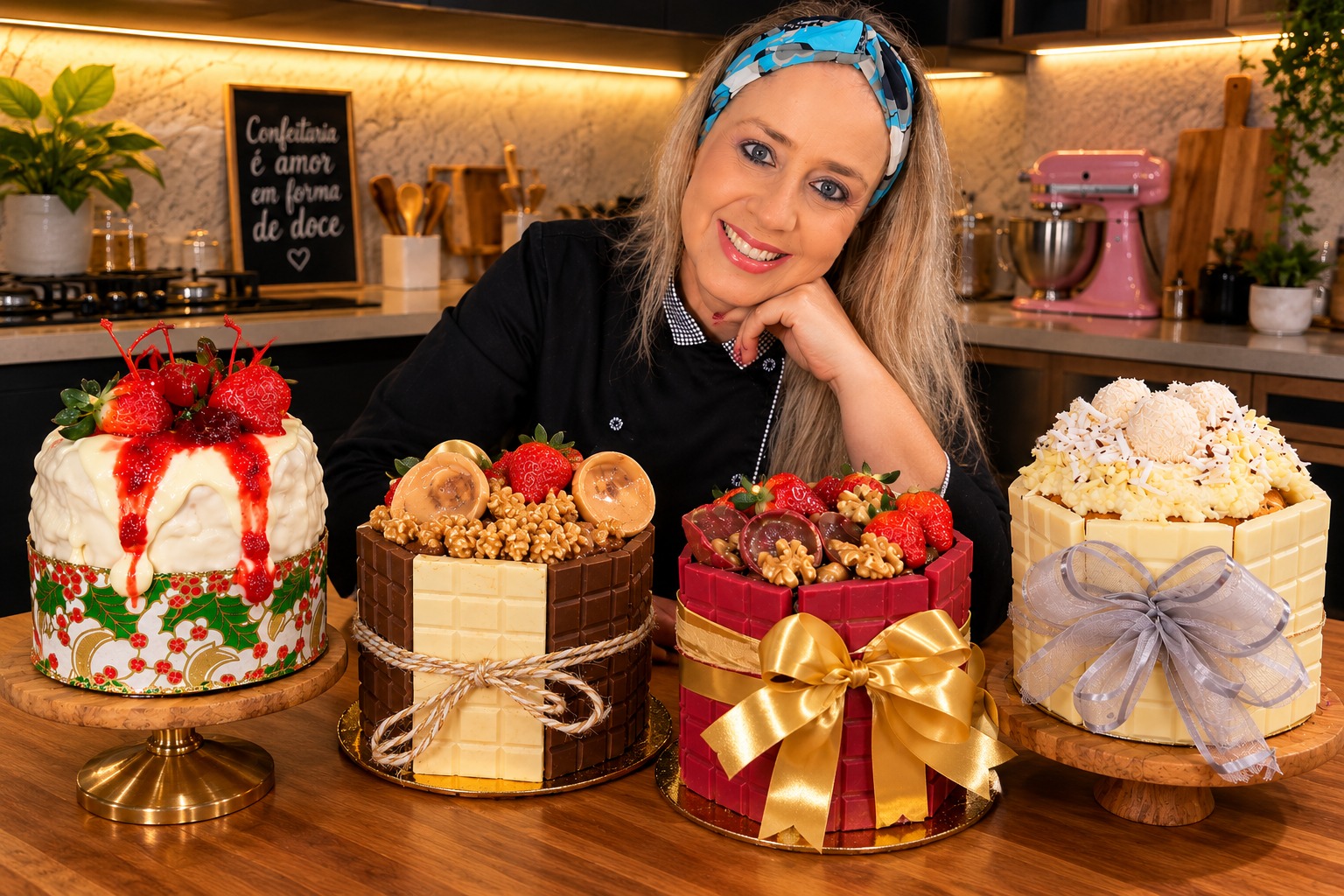 Carol Nunes sorrindo atrás de quatro chocotones trufados decorados