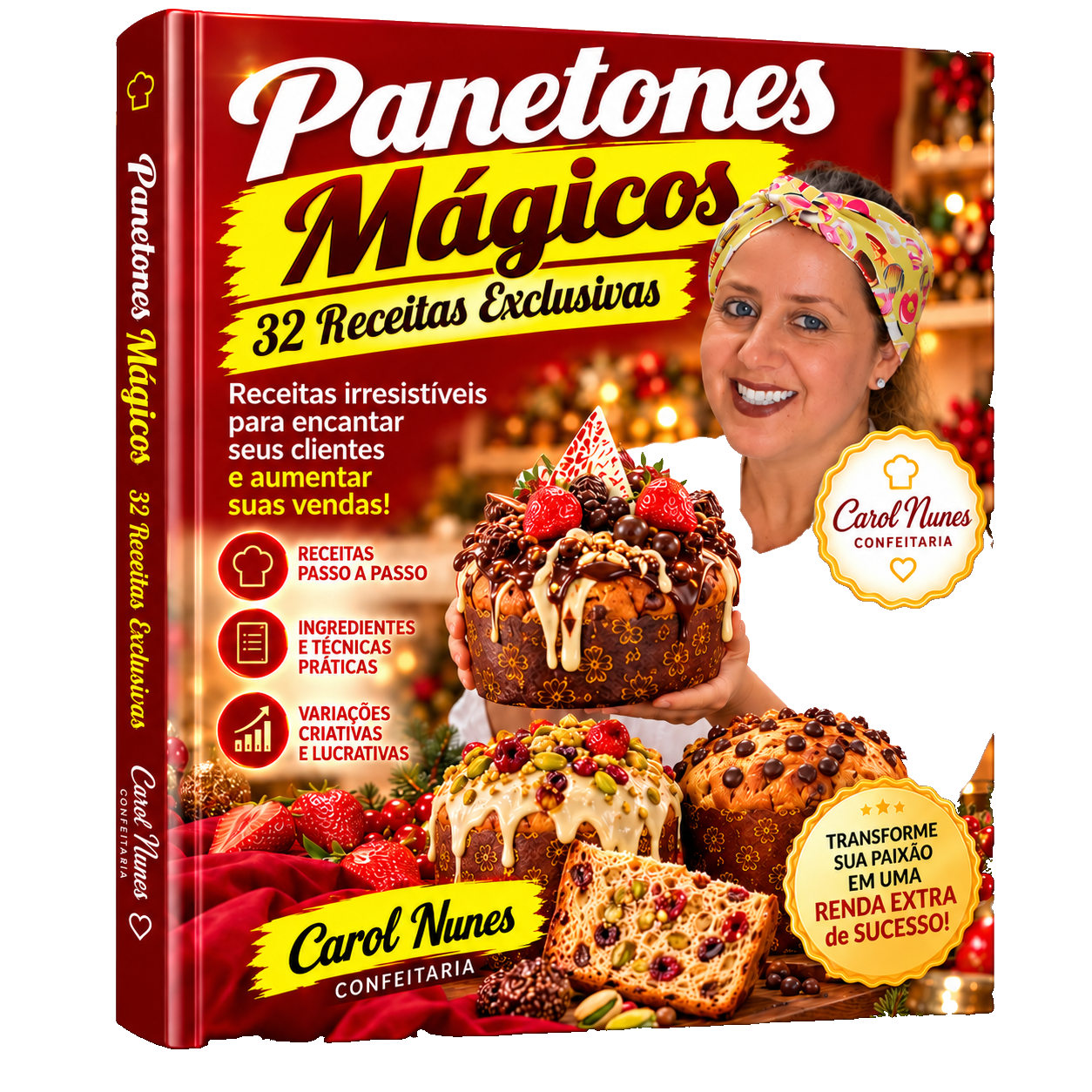 Capa do ebook Panetones Mágicos com Carol Nunes e panetones artesanais